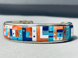 Very Detailed Vintage Native American Navajo Turquoise Inlay Sterling Silver Bracelet-Nativo Arts