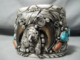 Biggest Best Vintage Native American Navajo Bear Turquoise Coral Sterling Silver Bracelet-Nativo Arts