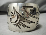 Very Wide!! Vintage Native American Navajo Hand Hammered Sterling Silver Overlay Bracelet-Nativo Arts