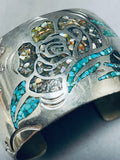 Wide Massive Intricate Vintage Native American Navajo Turquoise Sterling Silver Bracelet-Nativo Arts