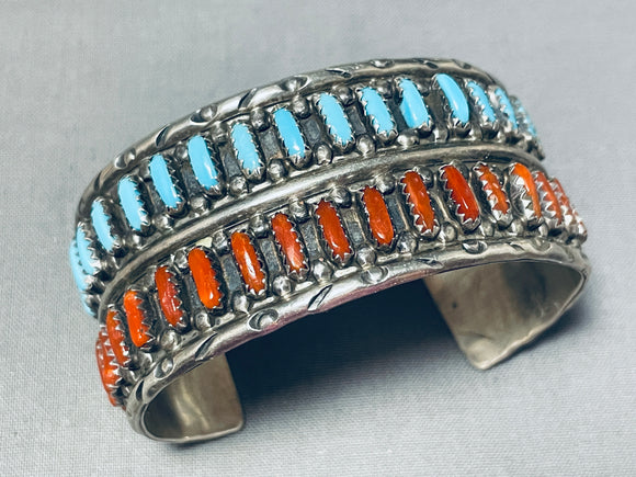 Native American Amazing Vintage Navajo Coral Turquoise Sterling Silver Bracelet Cuff-Nativo Arts