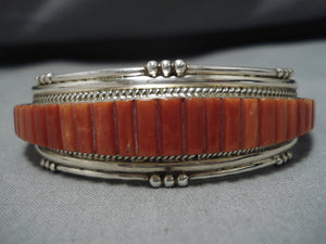 Exquisite Vintage Navajo Squared Coral Sterling Silver Native American Bracelet-Nativo Arts
