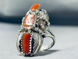 Dazzling Native American Navajo Coral Sterling Silver Ring-Nativo Arts
