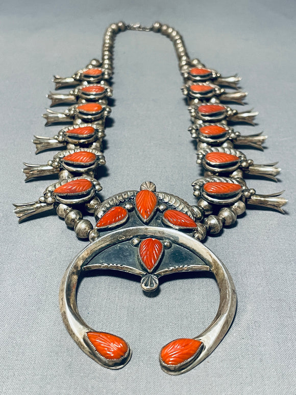 Hand Carved Coral Vintage Native American Navajo Sterling Silver Squash Blossom Necklace-Nativo Arts