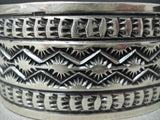 Detailed Sunny Reeves Native American Navajo Sterling Silver Extreme Stamp Bracelet-Nativo Arts