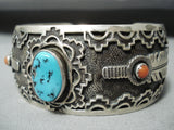 Detailed! Vintage Native American Navajo Turquoise Coral Sterling Silver Pueblo Bracelet-Nativo Arts