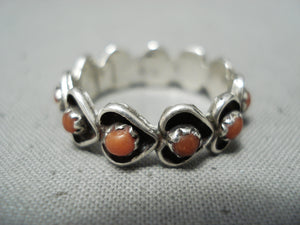 Signed Outstanding Vintage Native American Zuni Coral Sterling Silver Hearts Ring-Nativo Arts