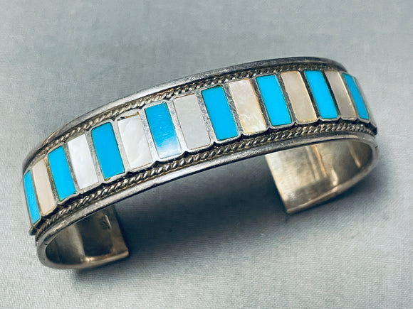 Rows Of Turquoise Pearl Vintage Native American Zuni Sterling Silver Inlay Bracelet-Nativo Arts