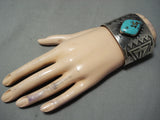 Huge Museum Vintage Native American Navajo Turquoise Sterling Silver Geometric Bracelet Old-Nativo Arts