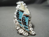 Huge Hand Carved Zuni Native American Turquoise Coral Sterling Silver Ring-Nativo Arts