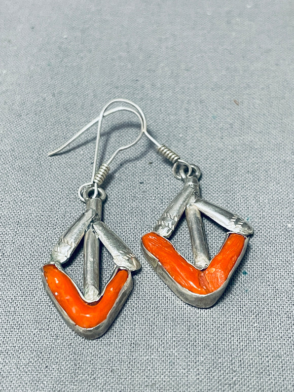One Of Most Unique Vintage Native American Navajo Coral Sterling Silver Earrings-Nativo Arts