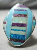 Native American Huge Detailed Multi Layer Turquoise Sterling Silver Charoite Inlay Ring-Nativo Arts