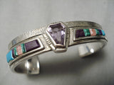 Thick And Sturdy! Vintage Native American Navajo Turquoise Amethyst Sterling Silver Bracelet-Nativo Arts