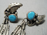 Impressive Vintage Native American Navajo Feather Sterling Silver Turquoise Earrings-Nativo Arts