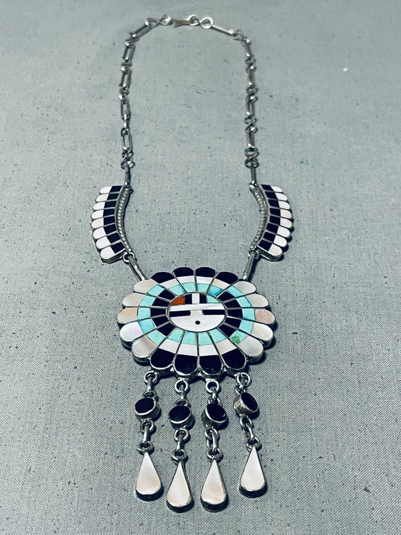 Rare Vintage Native American Zuni Inlay Turquoise Jet Coral Sterling Silver Sunface Necklace-Nativo Arts