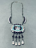 Rare Vintage Native American Zuni Inlay Turquoise Jet Coral Sterling Silver Sunface Necklace-Nativo Arts