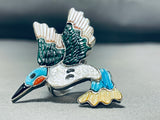 Superb Native American Zuni Signed Textured Inlay Turquoise Jet Sterling Silver Bird Ring-Nativo Arts