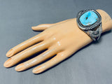 Signed Vintage Native American Navajo Big Turquoise Sterling Silver Leaf Bracelet-Nativo Arts