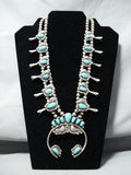 Signed Women's Vintage Native American Navajo Turquoise Sterling Silver Squash Blossom Necklace-Nativo Arts