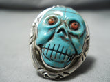 Native American Hand Carved Important Turquoise Coral Sterling Silver Ring-Nativo Arts