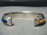 Thick Sturdy Vintage Native American Navajo Turquoise Inlay Sterling Silver Bracelet-Nativo Arts