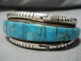 Superlative Vintage Native American Navajo Turquoise Inlay Heavy Sterling Silver Bracelet-Nativo Arts
