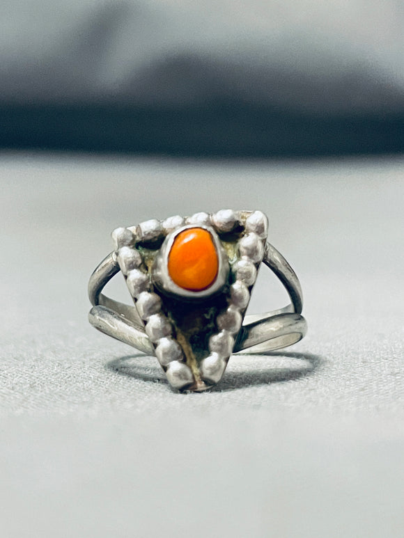 Unique Vintage Native American Navajo Coral Sterling Silver Triangle Ring-Nativo Arts