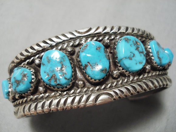 Intense Wave Vintage Native American Navajo Graduating Turquoise Sterling Silver Bracelet Old-Nativo Arts
