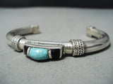 Unique Vintage Native American Navajo Blue Gem Turquoise Jet Sterling Silver Bracelet Old-Nativo Arts