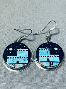 Extreme Detail Native American Navajo Turquoise Pueblo Sterling Silver Earrings-Nativo Arts