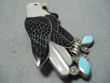 Detail Vintage Zuni Native American Eagle Turquoise Sterling Silver Pin Pendant-Nativo Arts
