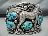 Huge Howling Coyote Vintage Native American Navajo Turquoise Sterling Silver Bracelet-Nativo Arts