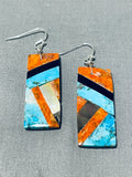 Native American Dazzling Santo Domingo Inlay Turquoise Coral Jet Geometric Earrings-Nativo Arts