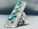 Fascinating Native American Navajo Signed 4 Turquoise Sterling Silver Huge Ring-Nativo Arts