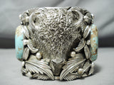 Native American 224 Gram Massive Buffalo #8 Turquoise Sterling Silver Bracelet-Nativo Arts