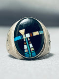 Detailed Night Vintage Native American Navajo Heavy Sterling Silver Opal Ring-Nativo Arts