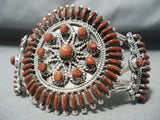 Coral Sun Native American Zuni Coral Needlepoint Sterling Silver Huge Bracelet-Nativo Arts