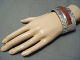 Important Native American Navajo Coral Row Wide Sterling Silver Bracelet Cuff-Nativo Arts