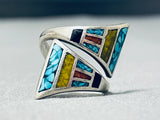 Native American One Of The Most Detailed Vintage Zuni Turquoise Sterling Silver Inlay Ring Old-Nativo Arts