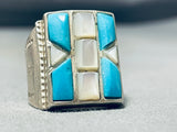 Captivating Vintage Native American Navajo Inlay Turquoise Mother Of Pearl Sterling Silver Ring-Nativo Arts