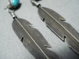 Custom Vintage Native American Navajo Sleeping Beauty Turquoise Sterling Silver Feather Earrings-Nativo Arts