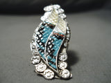 Huge Hand Carved Zuni Native American Turquoise Coral Sterling Silver Ring-Nativo Arts