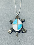 Awesome Vintage Native American Zuni Blue Gem Turquoise Mother Of Pearl Inlay Turtle Necklace-Nativo Arts