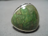 Exquisite Navajo Native American Dome Green Turquoise Inlay Sterling Silver Ring-Nativo Arts
