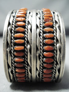 Rare Signed Double Row Vintage Native American Zuni Coral Sterling Silver Bracelet-Nativo Arts