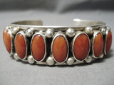 Museum Quality Huge Native American Navajo Red Coral Sterling Silver Stamped Bracelet-Nativo Arts