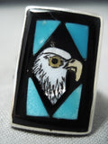 Exquisite Vintage Native American Zuni Inlay Turquoise Jet Eagle Sterling Silver Ring-Nativo Arts