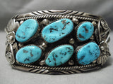 Opulent Vintage Native American Navajo Sterling Silver Leaves Turquoise Bracelet Old Cuff-Nativo Arts