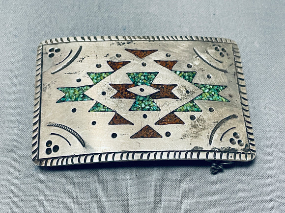 Important Vintage Native American Navajo Turquoise Coral Chip Inlay Sterling Silver Buckle-Nativo Arts