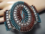 Enormous Native American Zuni Turquoise Coral Needlepoint Sterling Silver Bracelet-Nativo Arts